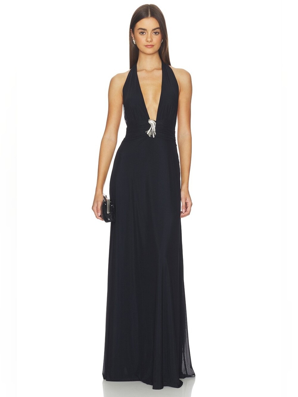 NWT $525 KATE BARTON Plunge Neckline Mesh Halter Dress in Navy Medium